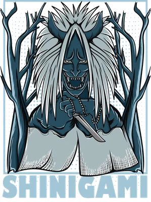 Hình minh họa quỷ Shinigami cầm dao trong rừng cây, phong cách nghệ thuật Nhật Bản