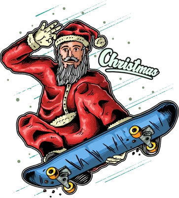 Ông Già Noel mặc trang phục đỏ, râu trắng, đội mũ, đang ngồi trên ván trượt màu xanh dương, tay giơ lên chào.