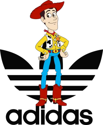 Hình ảnh nhân vật cao bồi Woody từ Toy Story đứng trước logo Adidas ba sọc.