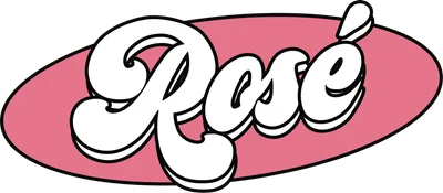 Chữ 'Rosé' viết tay theo phong cách retro, màu trắng viền đen, nằm trên nền hình oval màu hồng.