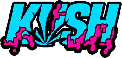 Chữ KUSH graffiti màu xanh neon và hồng, có hình lá cần sa ở giữa.