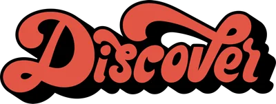 Chữ Discover viết tay theo phong cách retro, màu đỏ cam gradient, có bóng đen đổ xuống.