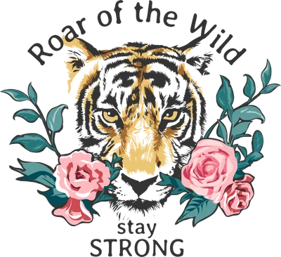 Hình minh họa đầu hổ mạnh mẽ kết hợp với hoa hồng và dòng chữ Roar of the Wild