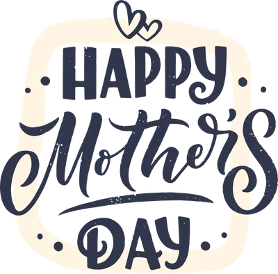 Hình ảnh chữ Happy Mother's Day màu xanh đậm với viền kem và hai trái tim nhỏ, phong cách thư pháp vintage.