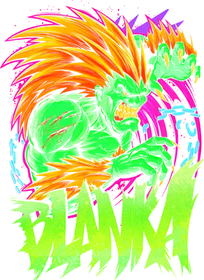 Hình ảnh nhân vật Blanka trong Street Fighter với làn da xanh lá, tóc vàng cam rực lửa, biểu cảm hung dữ.