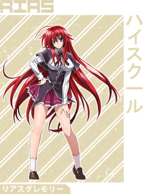 Hình ảnh Rias Gremory, nhân vật anime tóc đỏ dài, mặc đồng phục học sinh, đứng tạo dáng.