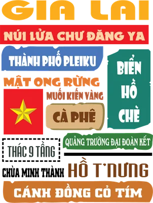 Hình ảnh typography tổng hợp các địa danh, đặc sản nổi tiếng của tỉnh Gia Lai, Việt Nam với nhiều khối màu và font chữ khác nhau.