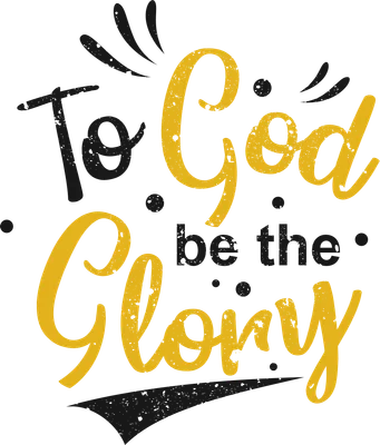 Hình in chữ "To God be the Glory" màu vàng và đen trên nền xám, phong cách vintage.
