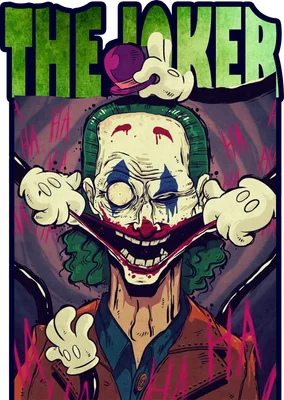 Hình ảnh Joker với nụ cười rộng, tay kéo miệng, đội mũ, phong cách hoạt hình độc đáo.