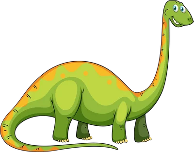 Hình ảnh minh họa khủng long Brontosaurus màu xanh lá cây với đốm cam, cổ dài, đang cười tươi.