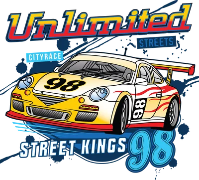 Hình minh họa xe đua thể thao màu vàng trắng với số 98 và 86, có chữ "Unlimited Streets" và "Street Kings"