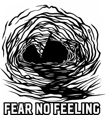 Hình minh họa hang động trừu tượng đen trắng với các đường nét xoắn ốc và chữ 'FEAR NO FEELING' ở dưới.