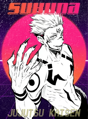 Ryomen Sukuna từ Jujutsu Kaisen với hình xăm đặc trưng, trên nền retro màu hồng tím.