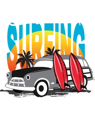 Hình in California Surfing với xe cổ, ván lướt sóng và phong cách retro
