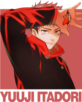 Hình ảnh Yuji Itadori từ anime Jujutsu Kaisen, mặc áo khoác đen viền đỏ, biểu cảm tự tin.