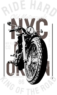 Hình in đồ họa xe mô tô cổ điển phong cách vintage với chữ Ride Hard King of the Road