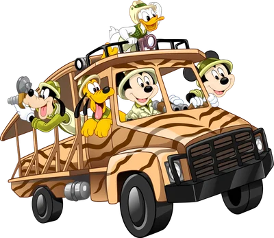 Mickey, Donald, Goofy, Pluto trong trang phục safari lái xe jeep họa tiết vằn hổ, sẵn sàng cho chuyến phiêu lưu.