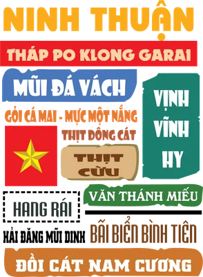 Hình ảnh tổng hợp các địa danh, đặc sản nổi tiếng của Ninh Thuận như Tháp Po Klong Garai, Vịnh Vĩnh Hy, Gỏi cá mai, Thịt cừu, cùng lá cờ Việt Nam.