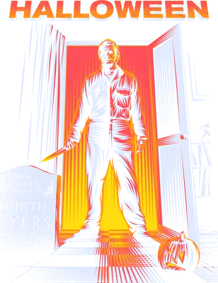 Hình ảnh Michael Myers cầm dao đứng trong khung cửa sáng rực, có bí ngô Halloween và bia mộ