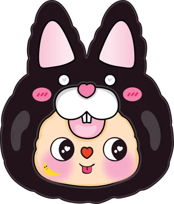 Hình ảnh hoạt hình chibi bé mặc đồ thỏ đen má hồng, mắt to, lưỡi lè, có chuối nhỏ trên má.