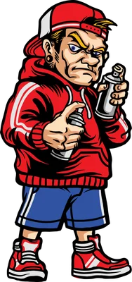 Hình minh họa chàng trai graffiti phong cách hoạt hình, đội mũ lưỡi trai ngược, áo hoodie đỏ, quần short xanh, cầm hai bình xịt sơn.