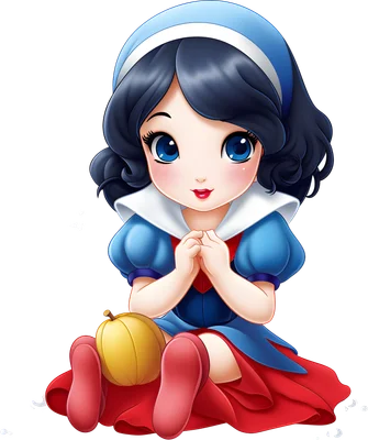 Hình minh họa nàng Bạch Tuyết phiên bản chibi dễ thương ngồi với quả táo vàng, mắt to tròn, tóc đen, váy xanh đỏ.