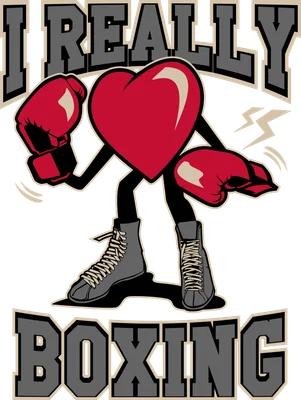 Nhân vật hình trái tim đỏ với đôi tay đấm boxing, mặc giày thể thao, nền xám với chữ 'I REALLY LOVE BOXING'