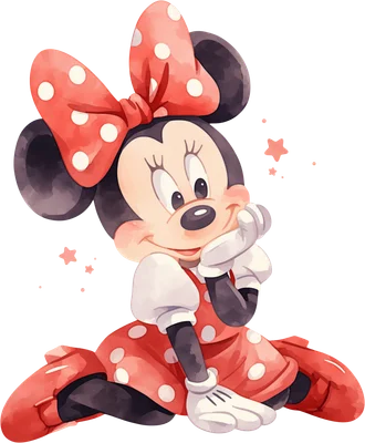 Hình ảnh Minnie Mouse hoạt hình đáng yêu ngồi tựa cằm, mặc váy chấm bi đỏ trắng, phong cách màu nước.