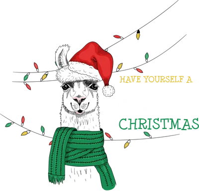 Hình ảnh minh họa Llama đội mũ ông già Noel, quàng khăn xanh, với dây đèn Giáng Sinh và dòng chữ 'Have Yourself a Llama Christmas'
