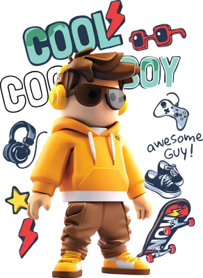 Hình ảnh 3D một cậu bé đeo tai nghe vàng, kính râm, áo hoodie cam, quần nâu, đi giày vàng, bên cạnh có ván trượt, tay cầm chơi game, kính mắt và các biểu tượng tia sét.