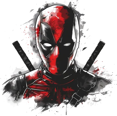Hình ảnh cận cảnh Deadpool với mặt nạ đỏ đen, phong cách tranh vẽ mực nước và vết bắn màu trên nền xám.