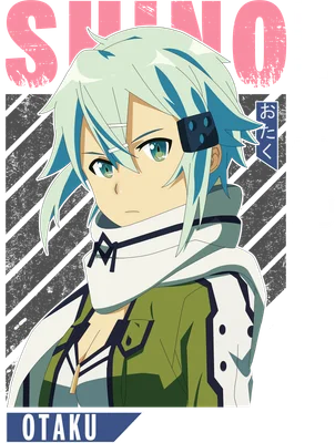 Hình ảnh Sinon, nhân vật anime tóc xanh, mặc áo khoác xanh lá, nhìn thẳng với vẻ mặt cool ngầu.