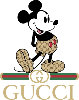 Hình ảnh Mickey Mouse mặc quần áo họa tiết Gucci, đứng trên logo Gucci.
