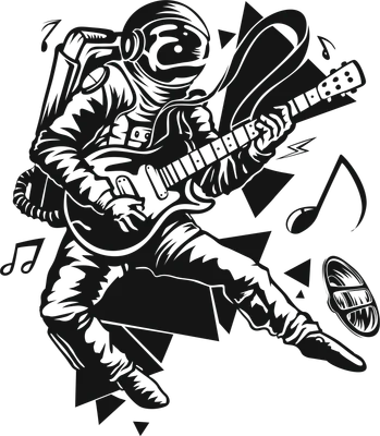 Hình minh họa phi hành gia mặc đồ du hành vũ trụ màu đen xám đang chơi guitar điện với các nốt nhạc và hình tam giác xung quanh.