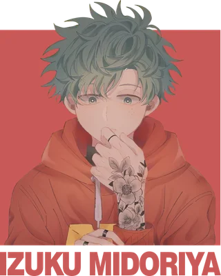 Hình vẽ Izuku Midoriya với hình xăm hoa trên tay, mặc áo hoodie cam, phong cách cool ngầu.