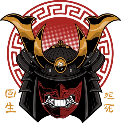 Hình minh họa mũ giáp Samurai Kabuto màu đen vàng với mặt nạ Hannya đỏ dữ tợn, trên nền vòng tròn họa tiết Nhật Bản.