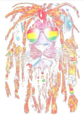 Hình ảnh sư tử đội tóc dreadlock, đeo kính râm màu rasta và đang hút thuốc lá.