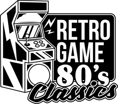 Hình minh họa máy chơi game arcade cổ điển màu đen trắng với dòng chữ 'RETRO GAME 80's Classics' phong cách retro.