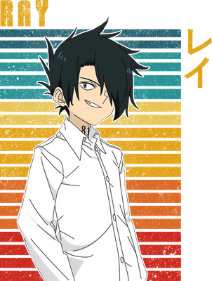 Nhân vật Ray trong The Promised Neverland, mặc áo sơ mi trắng, tóc đen, nền sọc retro.