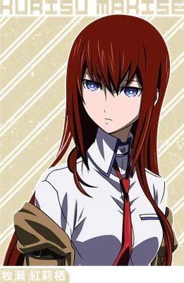 Hình ảnh anime Kurisu Makise với mái tóc đỏ dài, đôi mắt xanh và trang phục áo sơ mi trắng, cà vạt đỏ.