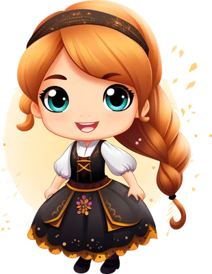 Hình ảnh cô bé chibi hoạt hình đáng yêu với tóc tết dài màu vàng cam, mắt xanh to tròn, mặc váy đen và áo trắng