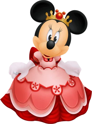 Hình ảnh Minnie Mouse trong trang phục công chúa màu hồng đỏ, đội vương miện vàng lấp lánh trên nền xám.