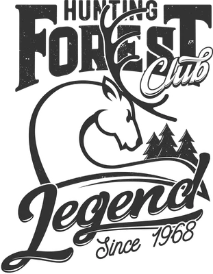 Hình in phong cách vintage với đầu hươu có gạc lớn, cây thông và chữ 'Hunting Forest Club Legend Since 1968'.