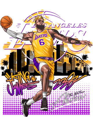 Hình vẽ minh họa Vua bóng rổ LeBron James đang úp rổ, mặc áo Los Angeles Lakers, đội vương miện, với cảnh thành phố Hollywood phía sau.
