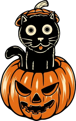 Hình minh họa mèo đen đáng yêu ngồi trong quả bí ngô Halloween, phong cách hoạt hình vector