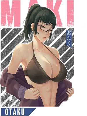 Hình vẽ Maki Zenin, nhân vật anime, đeo kính, mặc áo lót đen, khoác áo tím, với chữ 'MAKI' và 'OTAKU'