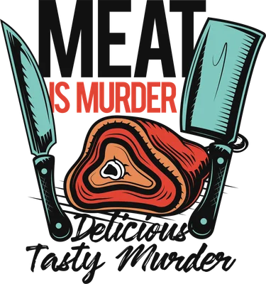 Hình minh họa dao và miếng thịt với dòng chữ Meat is Murder, phong cách đồ họa vintage cho in áo