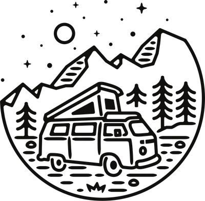 Hình vẽ line art xe camper van dưới bầu trời đêm đầy sao và núi non