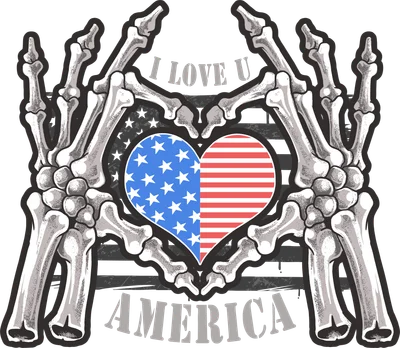 Hình in bàn tay xương người tạo hình trái tim với họa tiết cờ Mỹ và chữ I LOVE U AMERICA