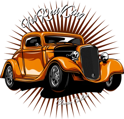 Hình minh họa xe hơi cổ điển Hot Rod màu cam với dòng chữ Hot Rod King phong cách retro
